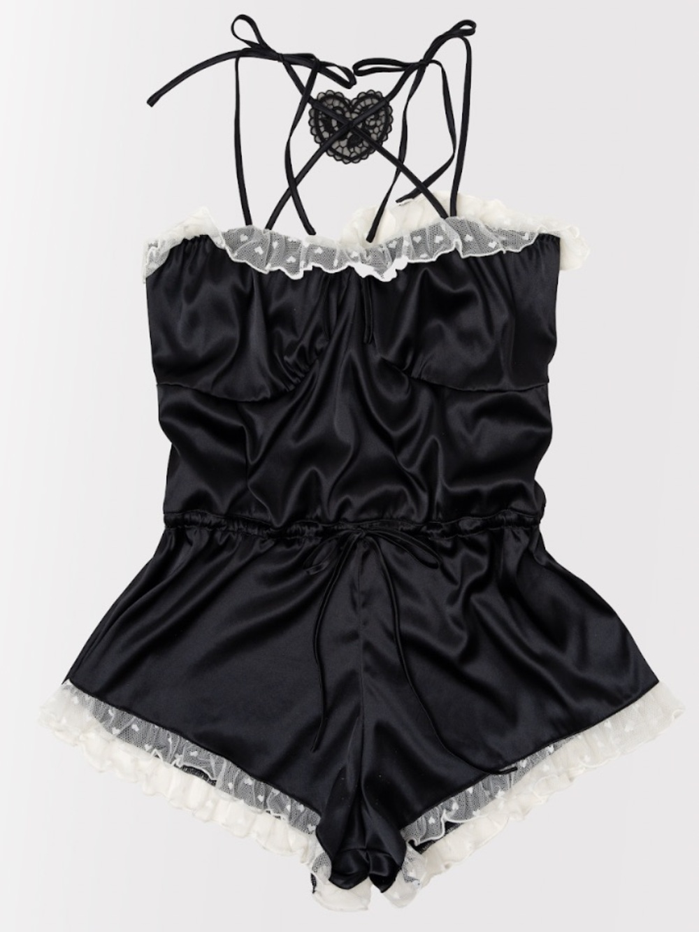 NWT Black Satin Lace-Trim Cross-back Romper with Lace Heart and Heart appliqué